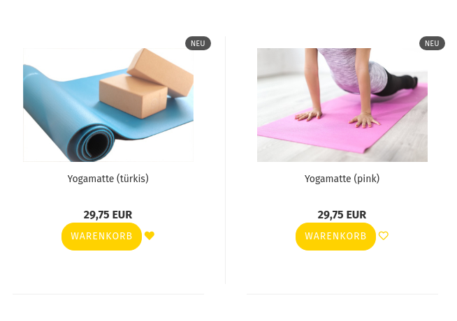 Yogamatten als Beispielartikel mit Warenkorb-Buttons und Herz-Symbolen