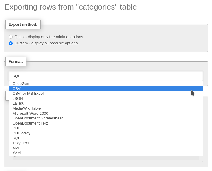 Export-Formular in phpMyAdmin