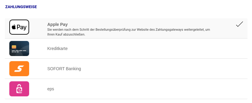 Apple Pay und weitere Zahlungsweisen im Checkout