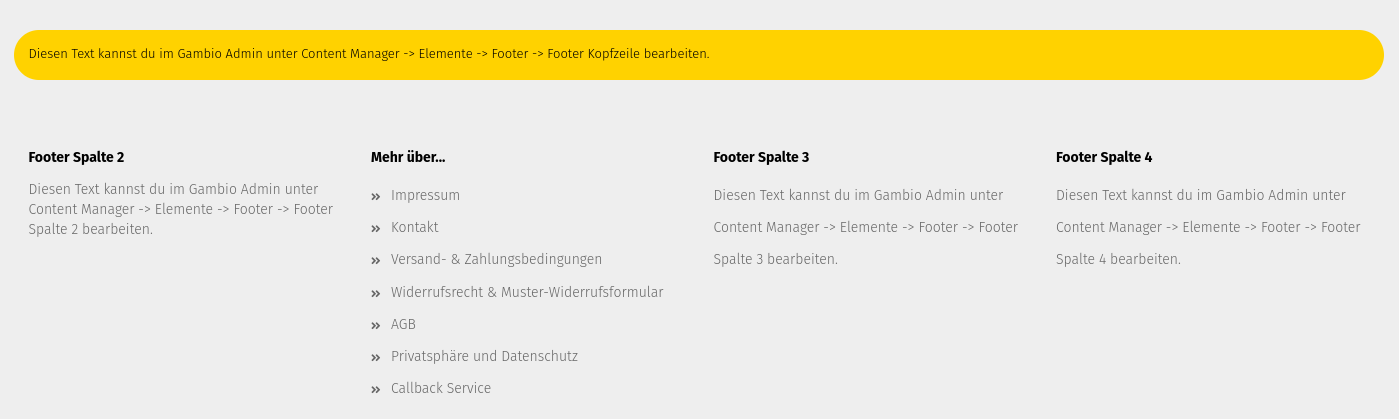 Footer-Spalten mit Hinweis, dass Texte zu bearbeiten sind