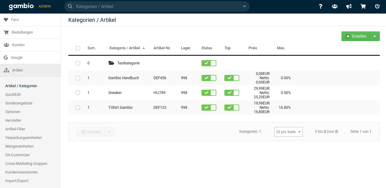 Beispiel Kategorie und Artikel