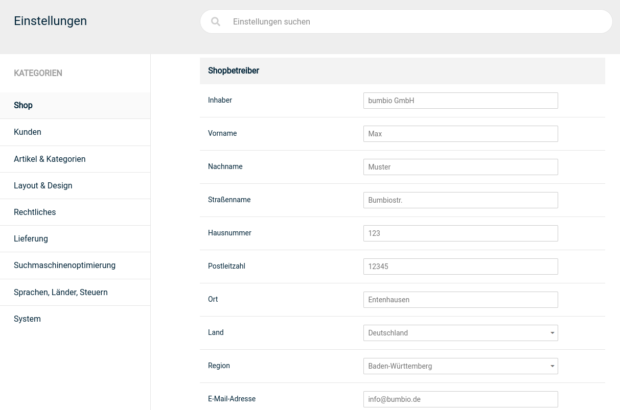 Einstellungen: Formular für Shopbetreiberdaten
