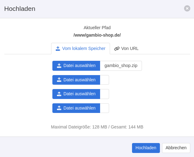 Hochladen-Formular mit ausgewählter gambio_shop.zip-Datei