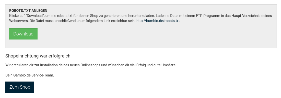 Shopeinrichtung war erfolgreich