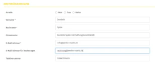 Eingabefelder für persönliche Daten mit E-Mail-Adresse für Rechnungen