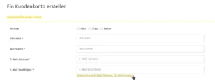 Registrierungsformular mit Link Abweichende E-Mail-Adresse für Rechnungen