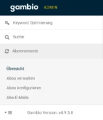Gambio Admin: Abonnements Übersicht, Abos verwalten, Abos konfigurieren, Abo-E-Mails