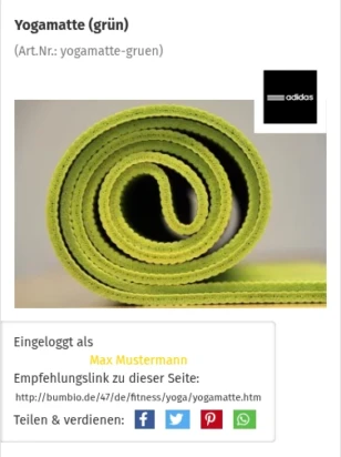 Yogamatte (grün), Empfehlungslink zu dieser Seite, Teile und verdienen mit Facebook, Twitter, Pinterest, WhatsApp