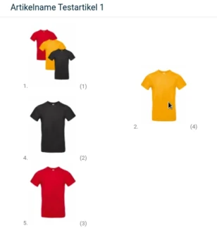 4 Bilder von T-Shirts, 3 davon untereinander, eines nach rechts versetzt mit Mauszeiger darauf