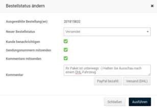 Bestellstatus ändern, Neuer Bestellstatus: versendet, Eingabefeld mit Kommentar, darunter Buttons