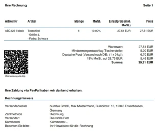 PDF-Rechnung mit Hinweis zu erhaltener Zahlung