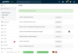 Cache für Seitenausgabe leeren, Cache für Modulinformationen leeren, Cache für Artikel- und Kategoriezuordnungen neu erzeugen, Cache für Artikelvarianten-Zuweisungen neu erzeugen, Filterzuordnungen in Artikeln reparieren, Cache für Texte leeren, Cache für E-Mail-Vorlagen leeren ohne Icons, mit Ausführen-Buttons