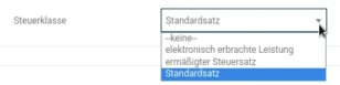 Steuerklasse, Auswahlfeld mit Optionen: --keine--, elektronisch erbrachte Leistung, ermäßigter Steuersatz, Standardsatz