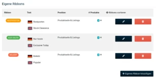 Eigene Ribbons: Tabelle mit 3 angelegten Ribbons mit Text auf deutsch und englisch, Hintergrund- und Schriftfarbe