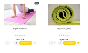Mengeneingabe, Warenkorb-Button & Merkzettel-Link unterhalb von Beispielartikeln