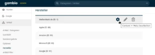 Herstellerauflistung mit Mauszeiger auf Zahnrad-Icon