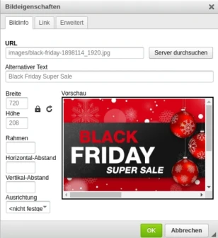 Bildeigenschaften mit URL, Alternativtext und Größenangabe