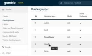 Gambio Admin Kundengruppen: Mauszeiger auf Händler zeigt "ID: 3"