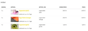 Tabelle bestellter Artikel mit Bild und verlinkten Produktnamen