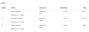 Tabelle mit Anzahl, Artikel, Artikel-Nr. und Preis bestellter Artikel