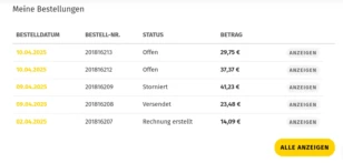 Meine Bestellungen Auflistungen mit Bestelldatum, Bestell-Nr., Status, Betrag und Anzeigen-Link