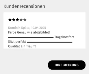 Kundenrezensionen ohne Zeilenumbruch: Dominik Späte, 10.04.2025 Farbe Genau wie abgebildet! ▬▬▬▬▬▬▬▬▬▬▬▬▬▬ Tragekomfort Sitzt perfekt ▬▬▬▬▬▬▬▬▬▬▬▬▬▬ Qualität Ein Traum!