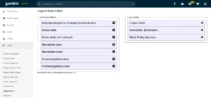 Logout-Seite-Editor: Linke Spalte zeigt verfügbare Inhalte, rechte Spalte Inhalte der Logout-Seite