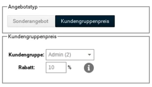 Kundengruppenpreis: Kundengruppe: Admin (2), Rabatt: 10%