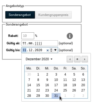 Angebotstyp Sonderangebot, Rabatt 10%, Gültig von -, Gültig bis 31. Dezember 2020 (Datepicker)
