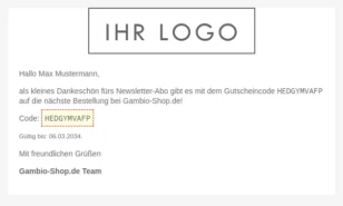 E-Mail Dankeschön fürs Newsletter-Abo mit Gutscheincode