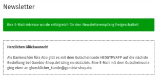 Bestätigung des aktivierten Newsletter-Abos und Gutscheindaten.