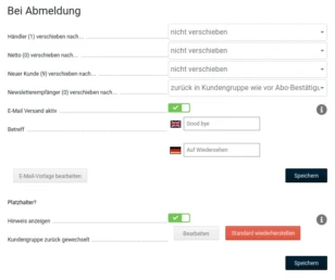 Bei Abmeldung Kundengruppe wechseln und E-Mail senden