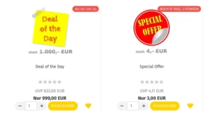 Produktkacheln mit einem animierten und einem statischen Countdown im Ribbon