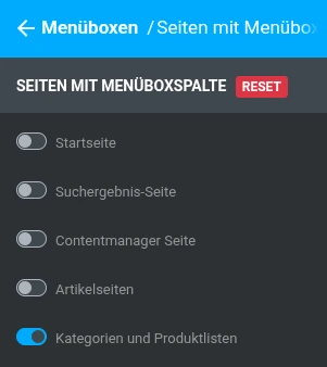Seiten mit Menüboxspalte: Kategorien und Produktlisten