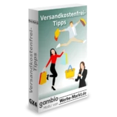 Versandkostenfrei-Tipps Softwarebox, springende und tanzende Comic-Figuren mit Einkaufstaschen, Gambio-Modul von Werbe-Markt.de