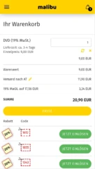 Warenkorb mit einem Artikel, am unteren Seitenrand Teile der Coupon-Liste
