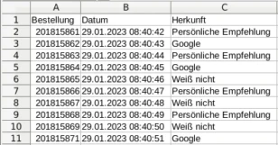 Tabellenkalkulationsprogramm mit Bestellung, Datum, Herkunft und Beispieldaten
