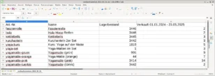 Tabelle in LibreOffice mit Spalten Art.-Nr.NameLagerbestandVerkauft 01.01.2024 - 23.05.2025