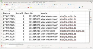 CSV-Datei im Tabellenkalkulationsprogramm mit Beispieldaten für Datum, Anzahl, Best.-Nr., Kunde