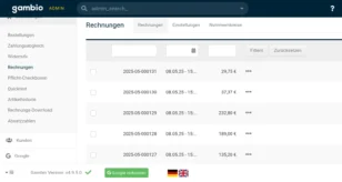 Gambio-Admin: Rechnungen mit Rechnungsnummer 2025-05-000131, 2025-05-000130 usw.