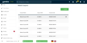 Gambio-Admin Rabatt Coupons: Tabelle mit Coupon Name, Coupon Wert, Coupon Code