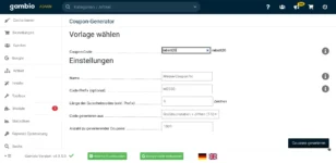 Coupon-Generator: Vorlage wählen: Coupon-Code: rabatt20, Einstellungen, Name: Messe-Coupon %c, Code-Prefix (optional): MESSE-, Länge der Gutscheincodes (exkl. Prefix): 6 Zeichen: Code generieren aus; Großbuchstaben + Ziffern (1-9), Anzahl zu generierender Coupons: 1000