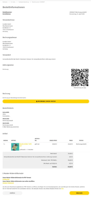 Bestellinformationen mit Bestellnummer, Bestelldatum, Versandadresse, Rechnungsadresse, Versandart, Zahlungsweise und Rechnungs-Download