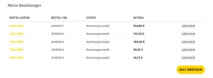 Meine Bestellungen Tabelle mit Bestelldatum, Bestell-Nr., Status, Betrag