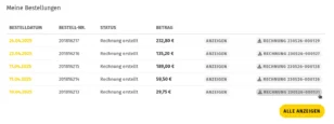 Auflistung von Bestellungen mit Download-Link in der rechten Spalte