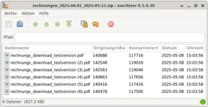 Tabelle mit Dateinamen rechnungs_download_testversion.pdf, rechnungs_download_testversion (1).pdf usw.