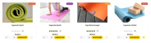 4 Yogamatten nebeneinander mit Ribbons Klicktipp, begehrt, beliebt, gefragt