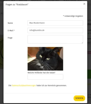 Fragen zu "Kratzbaum" Modal mit Formulareingabefeldern und Bild einer schwarzen Katze