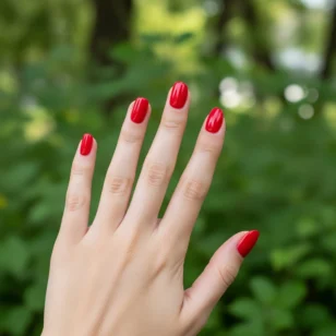 Frauenhand mit rot lackierten Fingernägeln
