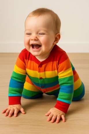 Lachendes Baby mit buntem Strampelanzug